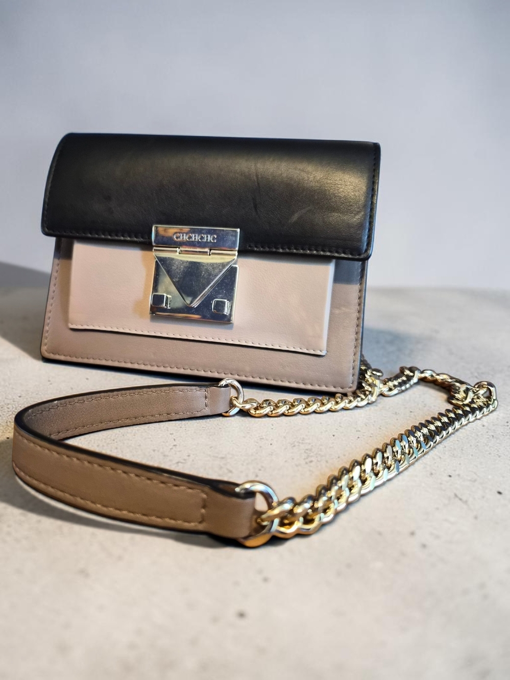 Carolina Herrera Black and Beige Leather Chain Crossbody